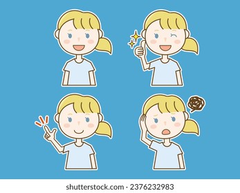 Like_Explain the point_Four pose set of a blonde foreign woman holding her head and worrying_With white border