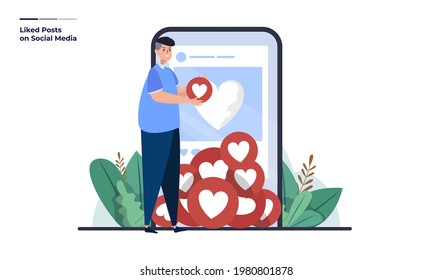 Liked post illustration concept, A man gives a love sign of liking a post 