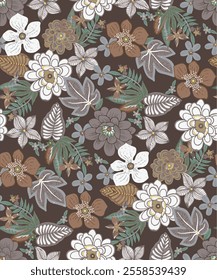 It is likely designed for clothing or fabric use, and could also be suitable as wrapping paper. The overall aesthetic is characterized by its decorative elements centered around flowers.