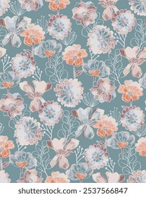 It is likely related to clothing or fabric design, and could also be used as wrapping paper. The design highlights various flowers, creating a vibrant and decorative appearance.