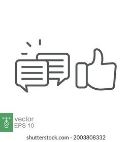 likes with comment icon line symbol. Dialog chat and hand approve sign. social media communication with thumb gesture and box writing message. Vector illustration. Design on white background. EPS10