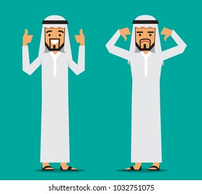 Likes and dislikes. Good and bad. Arabic businessman showing gesture of approval and disapproval.
