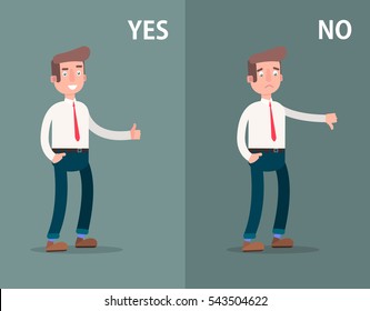 Likes and dislikes. Good and bad. Businessman showing gesture of approval and disapproval. Vector illustration
