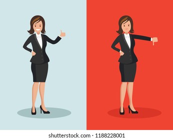 Likes and dislikes. Good and bad. Businesswoman shows a gesture of approval and disapproval.