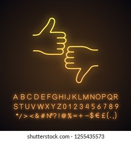 Likes and dislikes neon light icon. Positive, negative feedback. Reviews. Thumbs up and down hand gesture. Glowing sign with alphabet, numbers and symbols. Vector isolated illustration