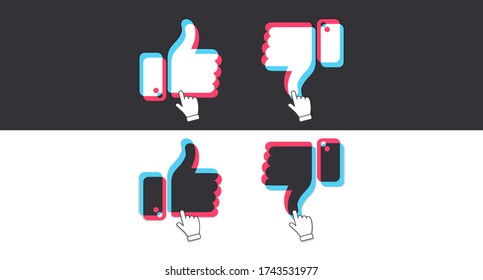 Likes and dislikes. A set of colored fists with raised and lowered fingers, symbolizing likes and dislikes, approval and disapproval, drawn in a flat style. Vector illustration