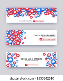 Likes emoji banner set, blue and red  thumb up and heart icon for live stream social network. Vector illustration in 3d style. Like and thumb up background for promo your product.