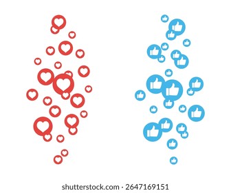 Likes to fly up for stories and live broadcasts. Blue, red bubble with a thumbs up on social media. Set of social media reaction icons - floating hearts, thumbs up. EPS10 vector illustrations