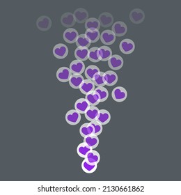 Likes flying up for stories and live streams. Violet like icons for social media ui. Vector illlustration isolated in dark background