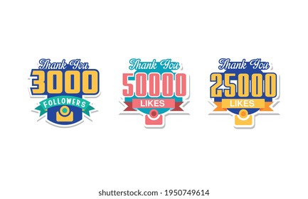 Likes and Followers Badges with Thank You Words as Celebration for Social Media Fans or Subscribers Vector Set
