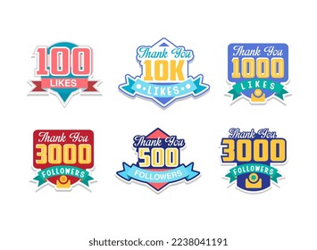 Likes and Followers Badges with Thank You Words as Celebration for Social Media Fans or Subscribers Vector Set