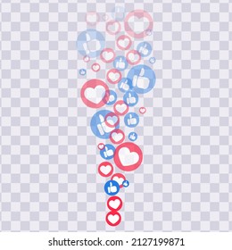 Likes hearts and thumbs flying up for stories and live streams. Like and thumbs icons for social media ui. Vector illlustration isolated in transparent background
