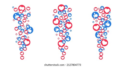 Le gustan los corazones y pulgares volando para historias y transmisiones en vivo. Iconos de me gusta y pulgares para ui de medios sociales. Ilustración vectorial aislada en fondo blanco