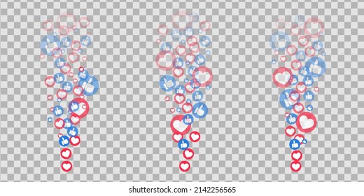 Likes hearts and thumbs flying up for stories and live streams. Like and thumbs icons for social media ui. Vector illlustration isolated in transparent background