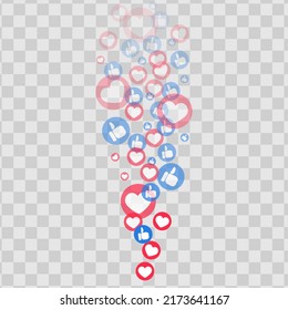Le gustan los corazones y pulgares volando para historias y transmisiones en vivo. Iconos de me gusta y pulgares para ui de medios sociales. Ilustración vectorial aislada en fondo transparente