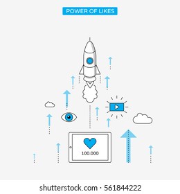 Likes and milestones linear style infographics with rocket in the clouds.