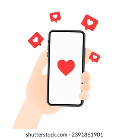 Likes on the phone screen. Flat, phone in hand mockup, like message bubbles, likes on the phone screen. Vector illustration