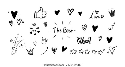 Likes on social media hand drawn doodle illustration set. Positive reaction on internet content linear objects on white background. Interaction online