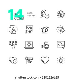 Likes - set of line design style icons isolated on white background. High quality minimalistic pictograms. Thumb up button, hearts, stars for social networks, websites or mobile apps