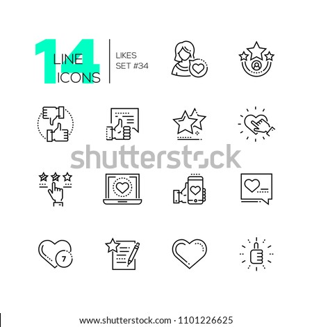 Likes - set of line design style icons isolated on white background. High quality minimalistic pictograms. Thumb up button, hearts, stars for social networks, websites or mobile apps