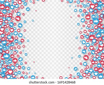 Likes and thumbs up frame on transparent background. Social media elements. Social network symbol. Counter notification. Emoji reactions. Vector illustration.