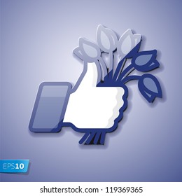 Like/Thumbs Up icon with bunch of flowers, vector Eps10 illustration