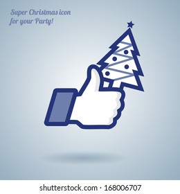 Like/Thumbs Up symbol icon with Christmas tree, vector Eps 10 illustration. Icon for Christmas Party and for New Year