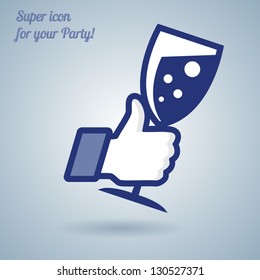 Like/Thumbs Up symbol icon with glass of wine, vector Eps 10 illustration. Icon for Party