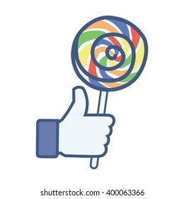 Like/Thumbs up/Hand hold candy lollipop icon. Social media logo network isolated vector sticker