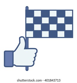 Like/Thumbs up/Hand hold race flag/Finish icon. Social media logo network isolated vector sticker