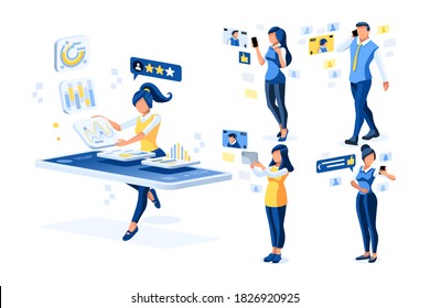 Liking app for photos, character on video talking. Smartphones on male chatting with girls. Social boys and female social chatting on smartphones. Video or photos liking on mobile. Cartoon Flat Vector