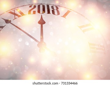 Lilac 2018 Año Nuevo brillante fondo con reloj. Ilustración vectorial.