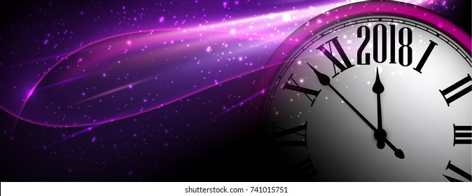 Banner brillante de Año Nuevo Lilac 2018 con reloj. Ilustración vectorial.