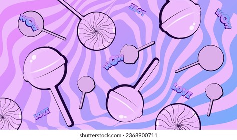 Lilac abstract background with lollipops. 80-90s style
