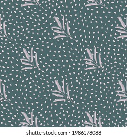 Lilac abstract minimalistic leaf branches silhouettes ornament. Green dotted background. Designed for fabric design, textile print, wrapping, cover. Vector illustration.