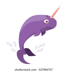 Lilac baby narwhal . Flat vector illustration isolated on white background. Cute cartoon unicorn-fish  with spiral horn