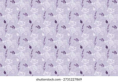 Un fondo lila con motivos de encaje-flor blancos y lavanda púrpura alternados en un patrón decorativo repetitivo.