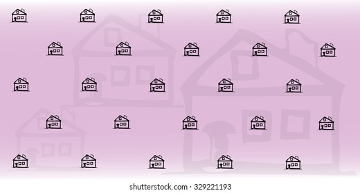 Lilac background with a pattern in the style of the sketch. House. Vector illustration.