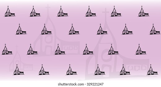 Lilac background with a pattern in the style of the sketch.  Church. Vector illustration.