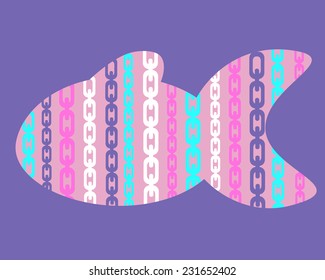 Lilac background with pink abstract fish and pattern chain. Vector illustration