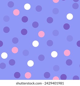Lilac background with polka dots. Seamless pattern. Lilac, white and pink circles on a violet. Background for paper, cover, fabric, textile, dishes, interior decor.