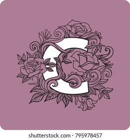 lilac background, vector illustration, eps10, decorative text, initial letter for text, black outline, white letter c