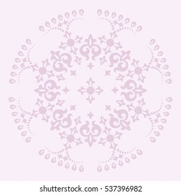 Lilac background with violet mandala ornament in the east style. Ideal for printing on fabric or paper. Vector illustration.