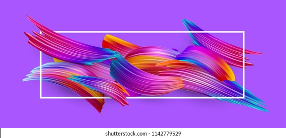 Lilac background with white rectangular frame and spectrum watercolor strokes. Colorful gradient brush design. Banner, card or poster template. Vector paper illustration.
