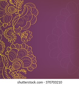 Lilac background for your text with a gold ornament. Vector illustration. Elegant greeting card. 