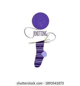 Lilac ball of thread and knitting needles with sock on a white isolated background. Tangle with text. Template for postcards, logo, icons, labels.