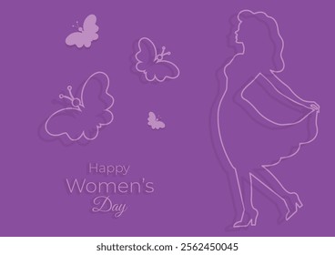 Lilac banner for March 8 with silhouette of girl and butterflies