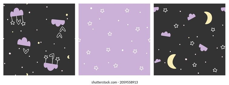 Patrón sin fisuras de lino y cintura negra para la impresión de tela de pajama con luna y nubes. Un diseño repitido con estrellas en el cielo nocturno y matutino.