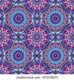 Lilac Blue Boho Flower Seamless Patter  floral tiles. Oriental hippie design. Unusual decorative ornament. Wallpaper, fabric print, furniture textile, pillow deco vector background