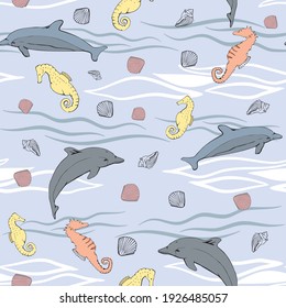 Lilac Blue Dolphin and Sea Inspired Seamless Pattern Background. Textured wavey background featuring dolphins, seahorses and shells. Perfect for beach and summer accessories, apparel, stationery and